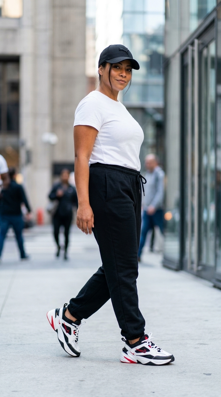 Стильні жіночі футболки: чорні джогери, біла футболка з лого та кросівки для спортивного шику.