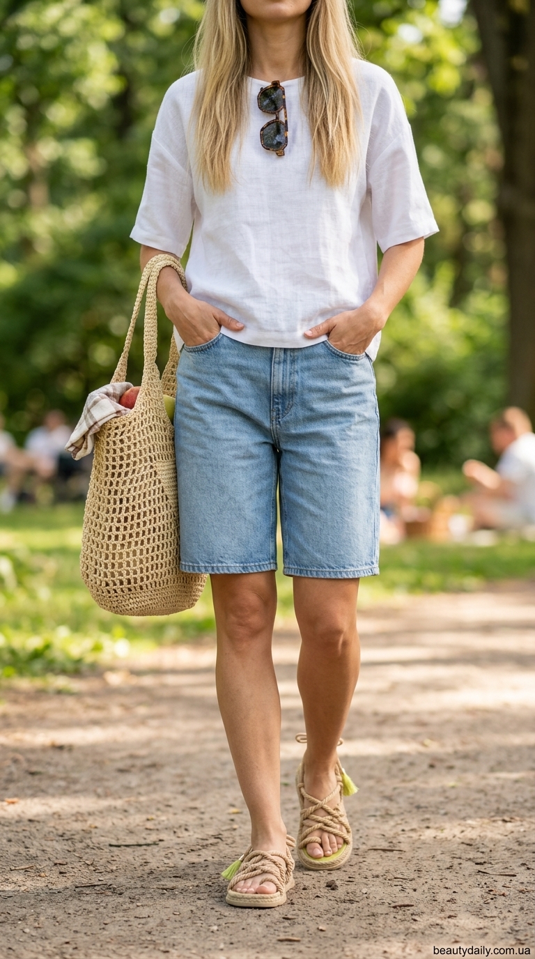 Стильні жіночі футболки: біла лляна футболка з шортами-бермудами для літньої свіжості.