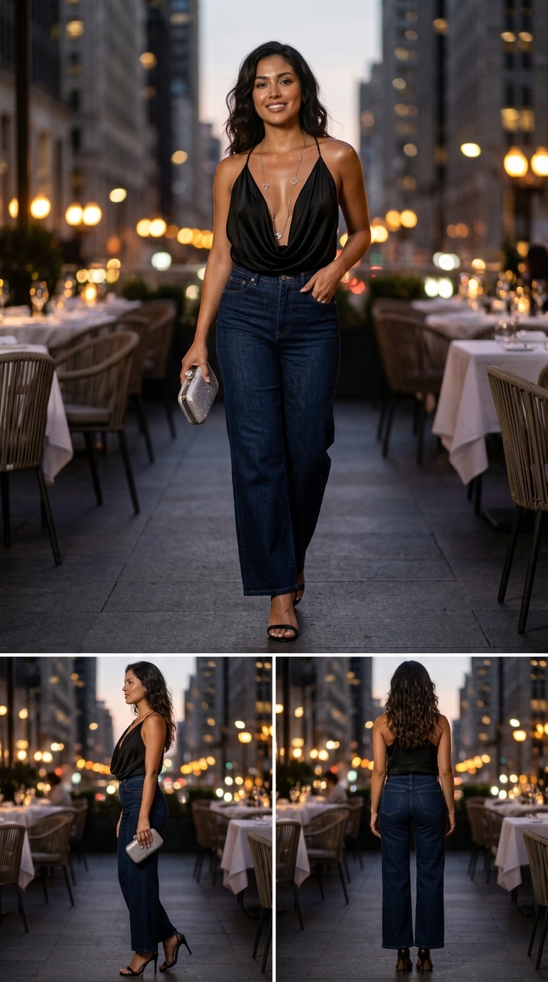 Темно-сині широкі джинси з високою талією та шовковим топом для вишуканої вечері 2026.