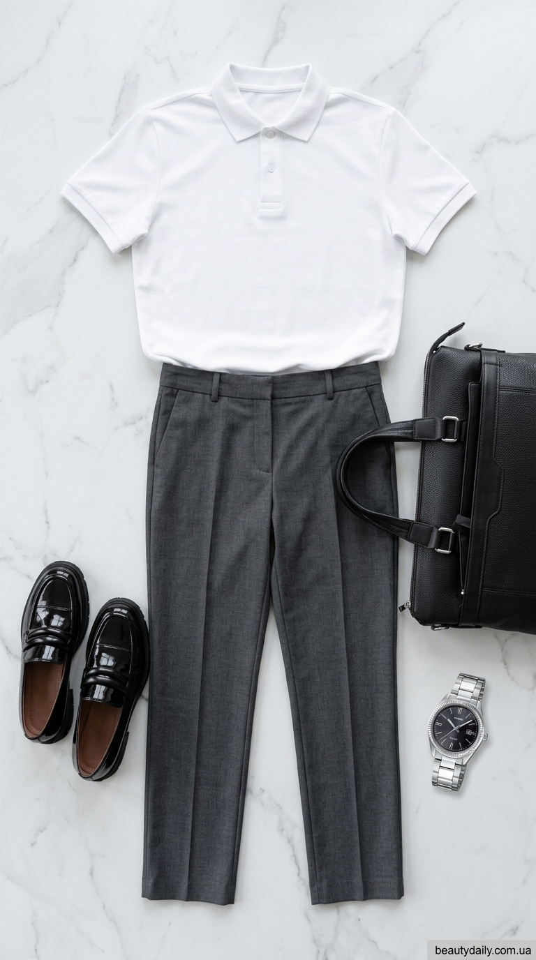 Стильні жіночі футболки: біла футболка поло з класичними штанами для офісної елегантності.