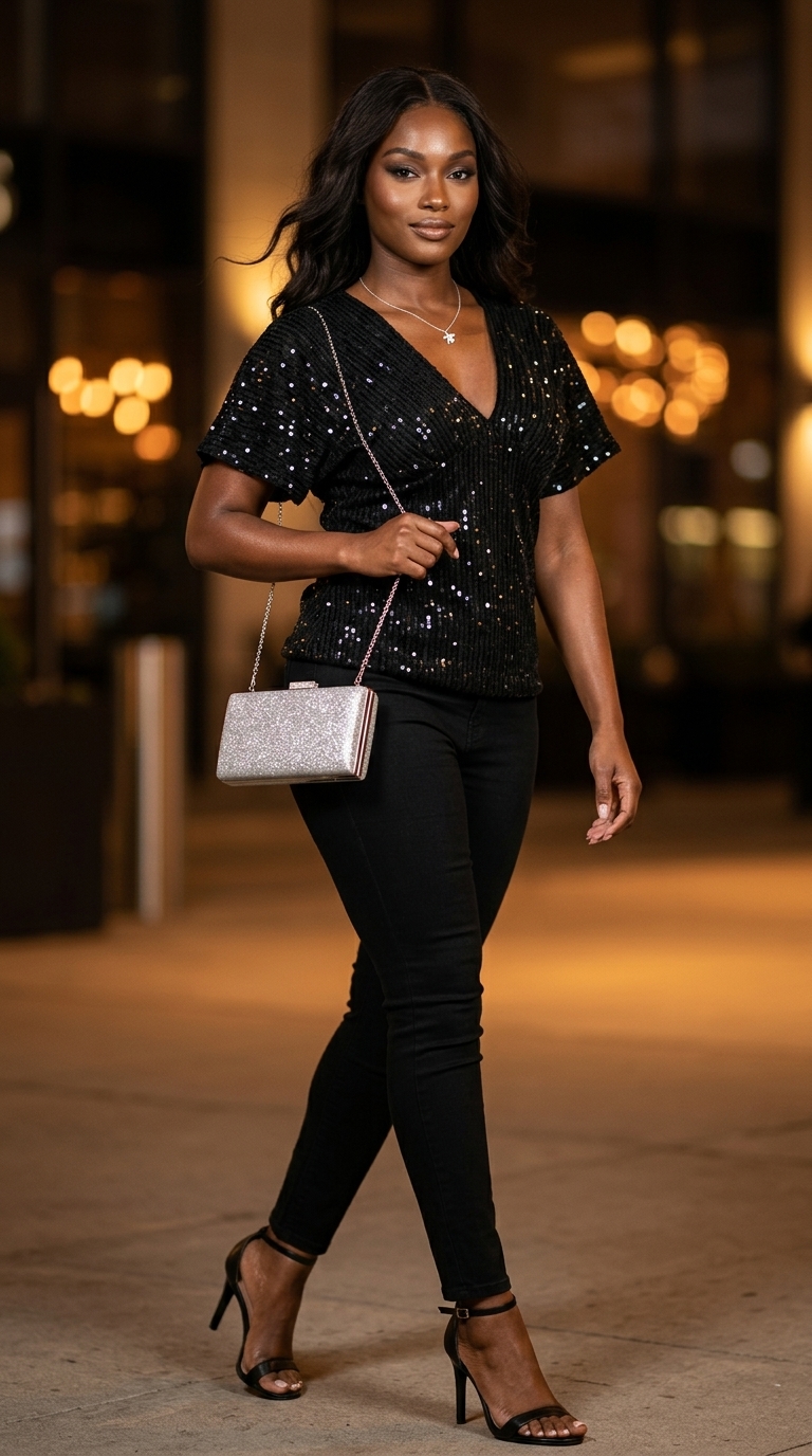 Чорні джинси з високою талією та сріблястий топ-бандо для вечірнього виходу 2026.