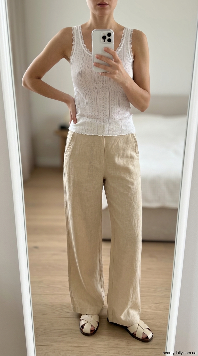 Майка з мереживом біла трикотажна, широкі лляні штани, маленька сумка, сандалі. Витончений образ.
