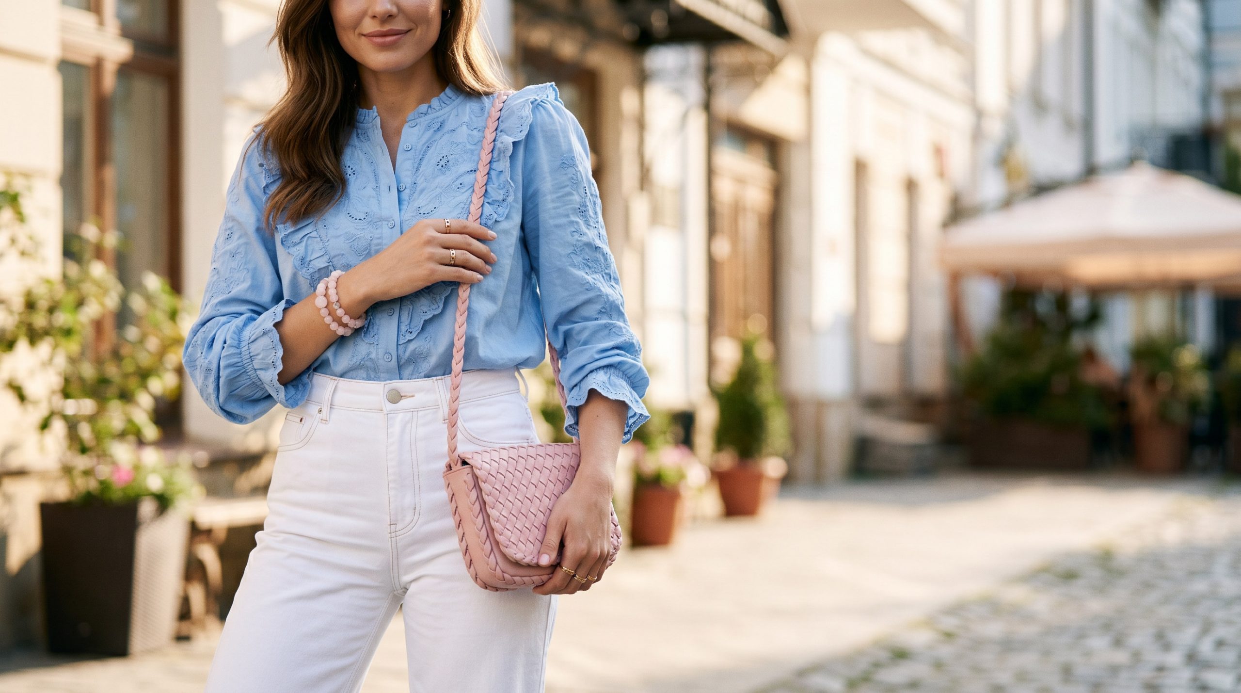 Макро-деталь білих джинсів жіночих, що підкреслює текстуру тканини та якість пошиття, в контексті літнього образу 2026 року.