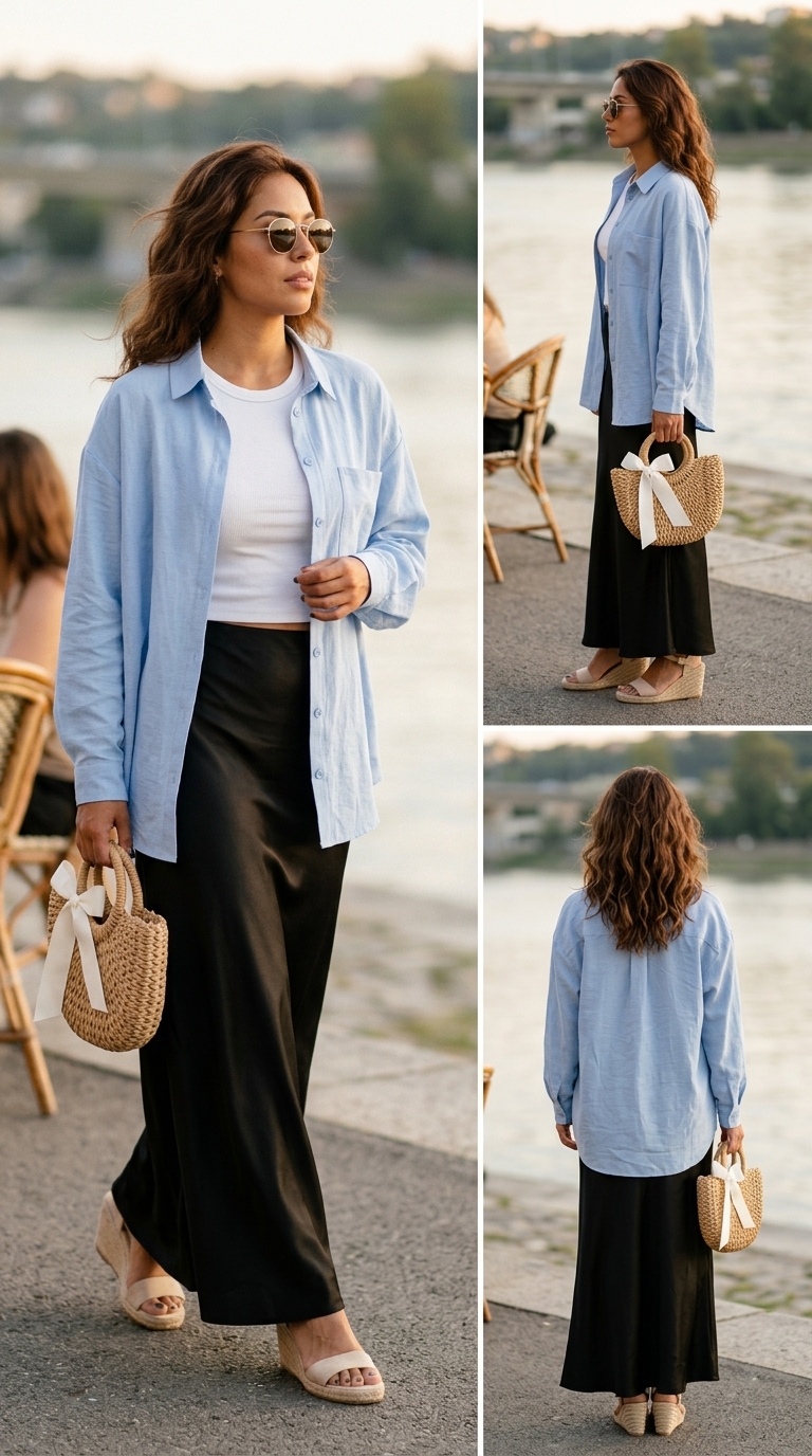 Чорна сатинова спідниця міді з білим топом та блакитною сорочкою для бранчу.