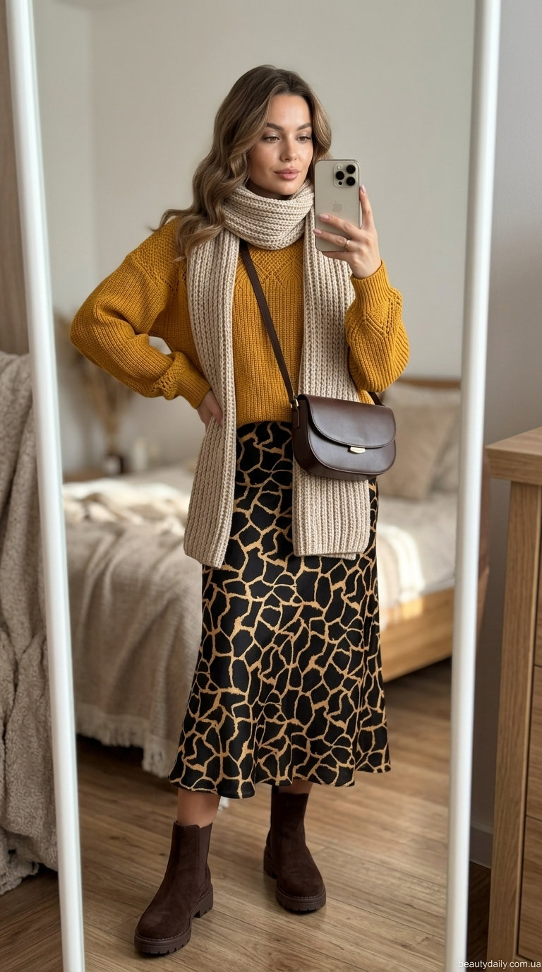 Чорна сатинова спідниця з принтом в осінньому парку з гірчичним светром.