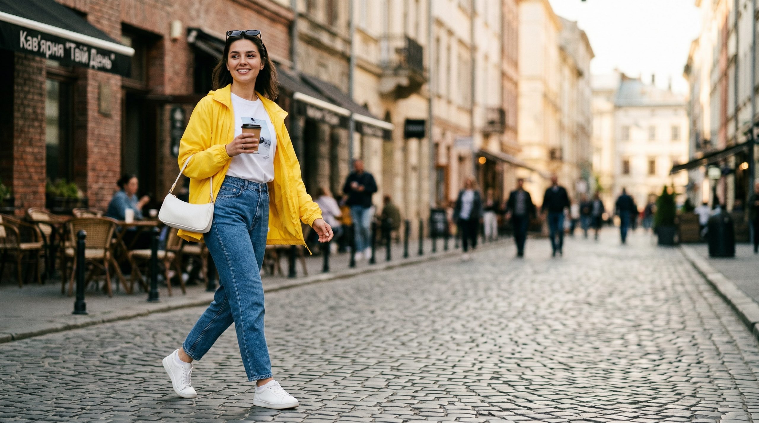 Елегантний повсякденний образ, що демонструє джинси мом, які ідеально сидять, у поєднанні з трендовими аксесуарами для створення вишуканого стилю.