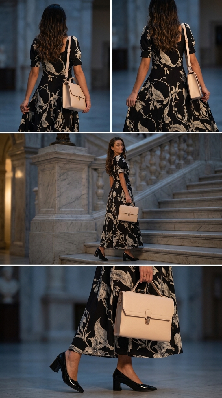 Елегантні літні сукні 2026: чорна максі сукня з золотим принтом для виставки. Артистичний образ.