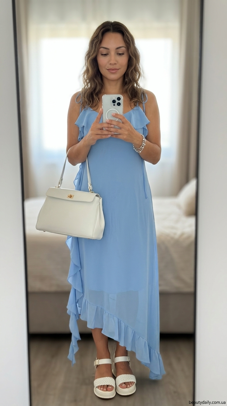 Елегантні літні сукні 2026: блакитна шифонова максі сукня для моря. Легкий образ для відпустки.