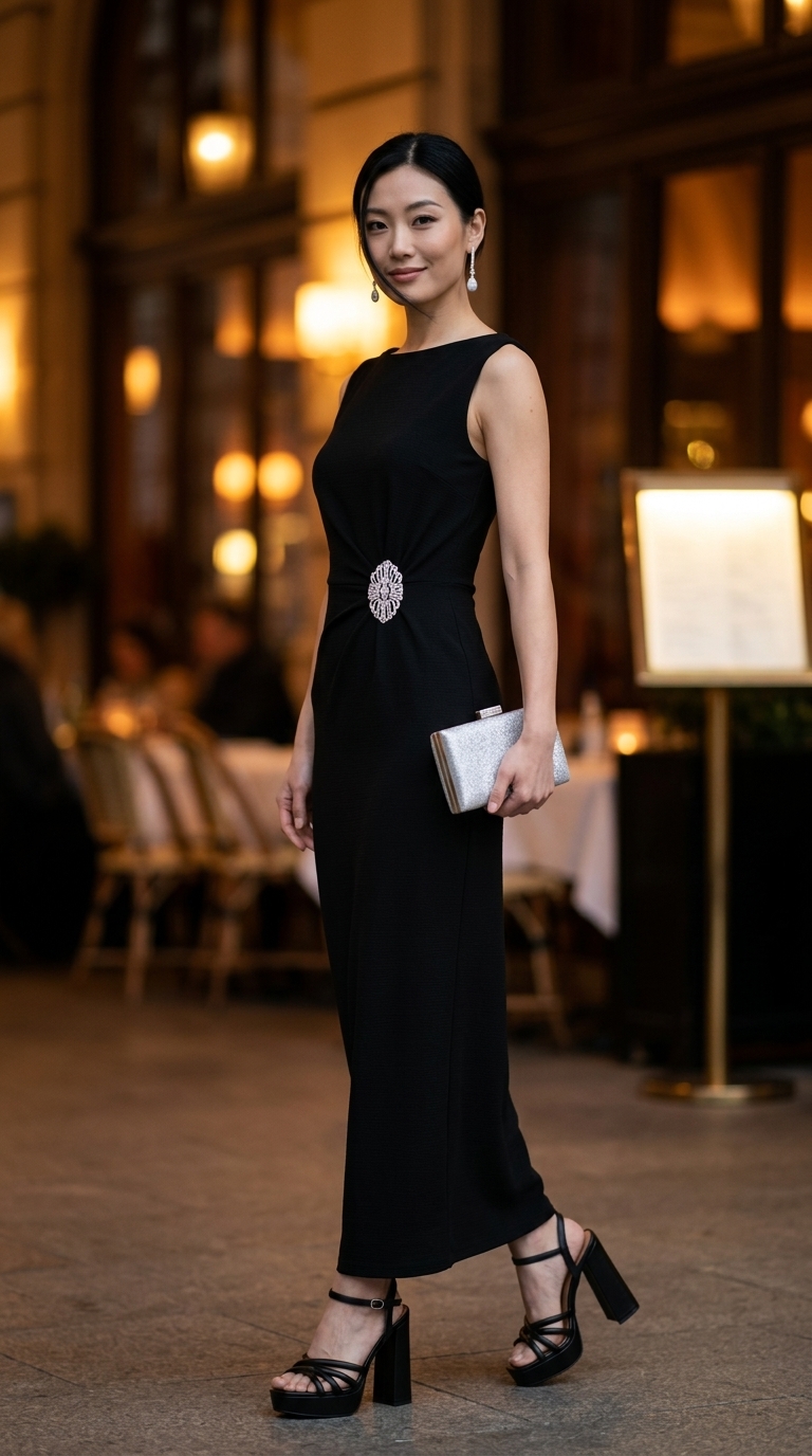 Елегантні літні сукні 2026: чорна облягаюча максі сукня для вечора. Спокусливий образ з босоніжками та клатчем.