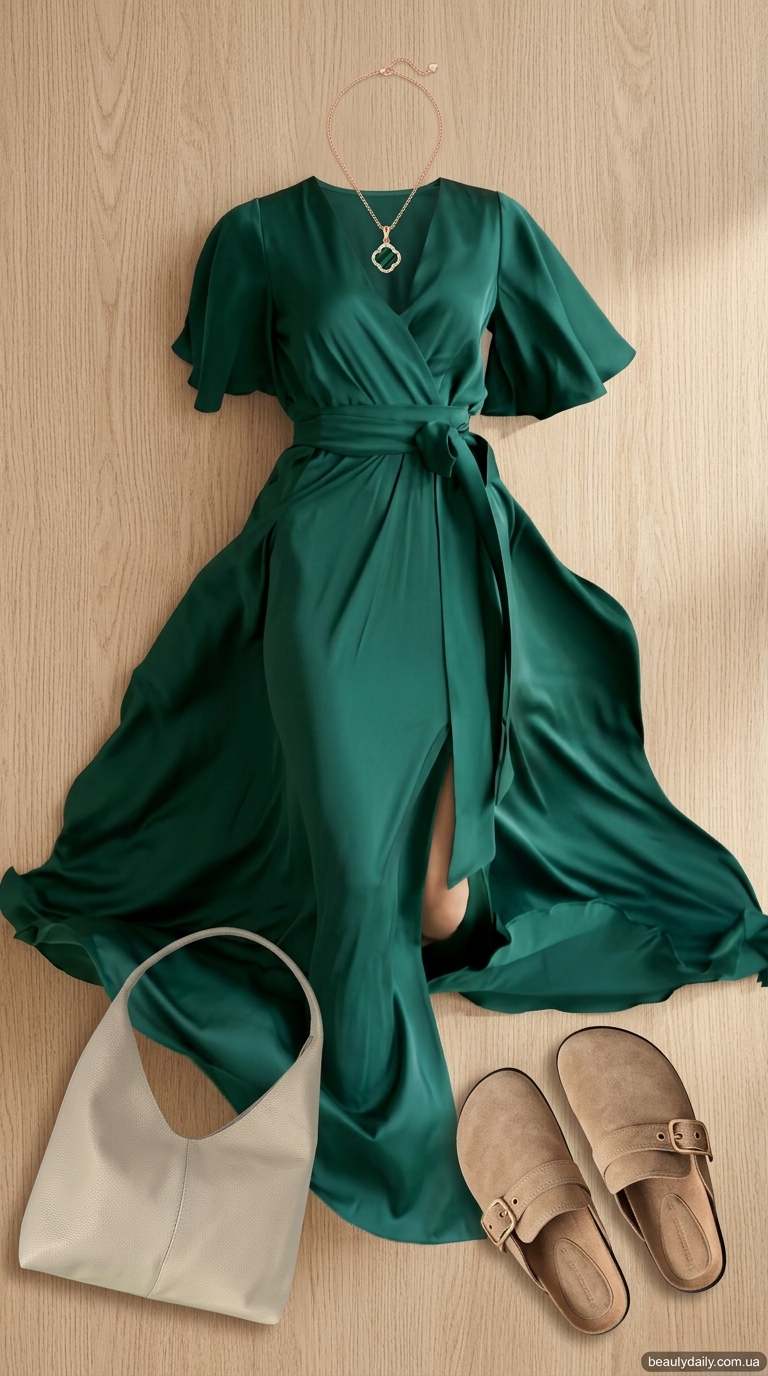 Елегантні літні сукні 2026: смарагдова максі сукня вільного крою для прогулянки парком. Природний образ.