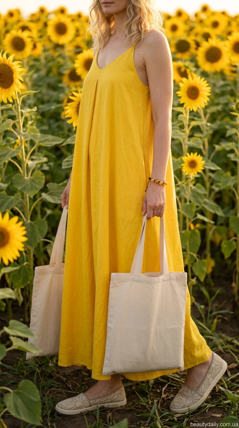 Елегантні літні сукні 2026: жовта лляна максі сукня для дачі та пікніка. Образ з еспадрильями та сумкою-шопером.