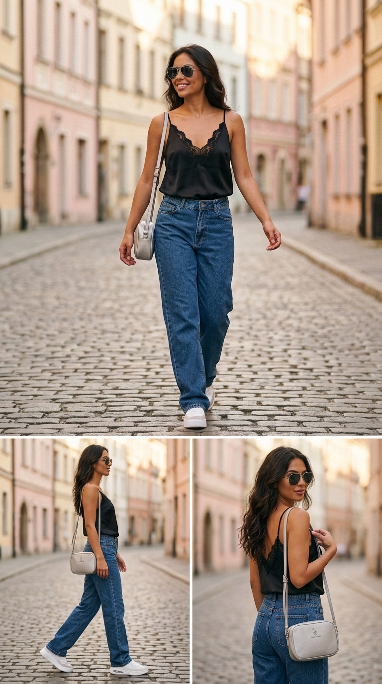 Майка з мереживом чорна, джинси прямого крою, кросівки, сумка-кросбоді. Повсякденний шик.