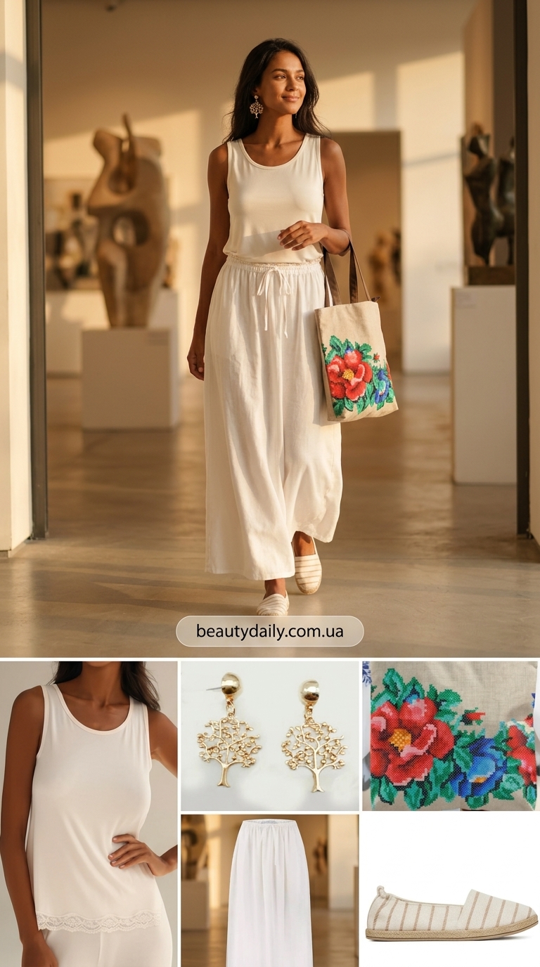 Майка з мереживом кремова, спідниця-міді, еспадрильї, сумка з вишивкою. Затишний образ.