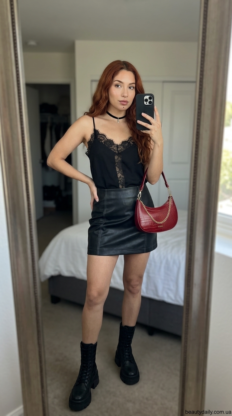 Майка з мереживом чорна, шкіряна міні-спідниця, черевики, червона сумка. Сміливий образ.