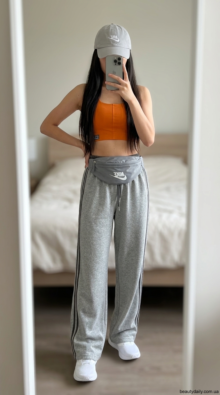 Помаранчевий спортивний кроп-топ з сірими штанами для міста. Кроп-топи жіночі: 10 стильних ідей для літа 2026.
