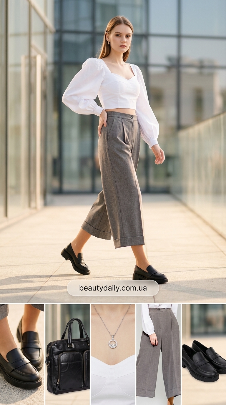 Білий кроп-топ з сірими кюлотами для сучасної класики. Кроп-топи жіночі: 10 стильних ідей для літа 2026.