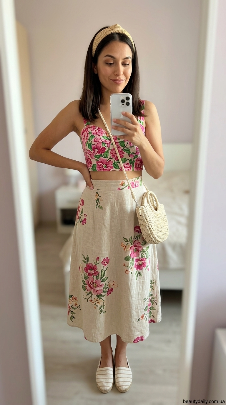 Квітковий кроп-топ з розкльошеною спідницею для пікніка. Кроп-топи жіночі: 10 стильних ідей для літа 2026.