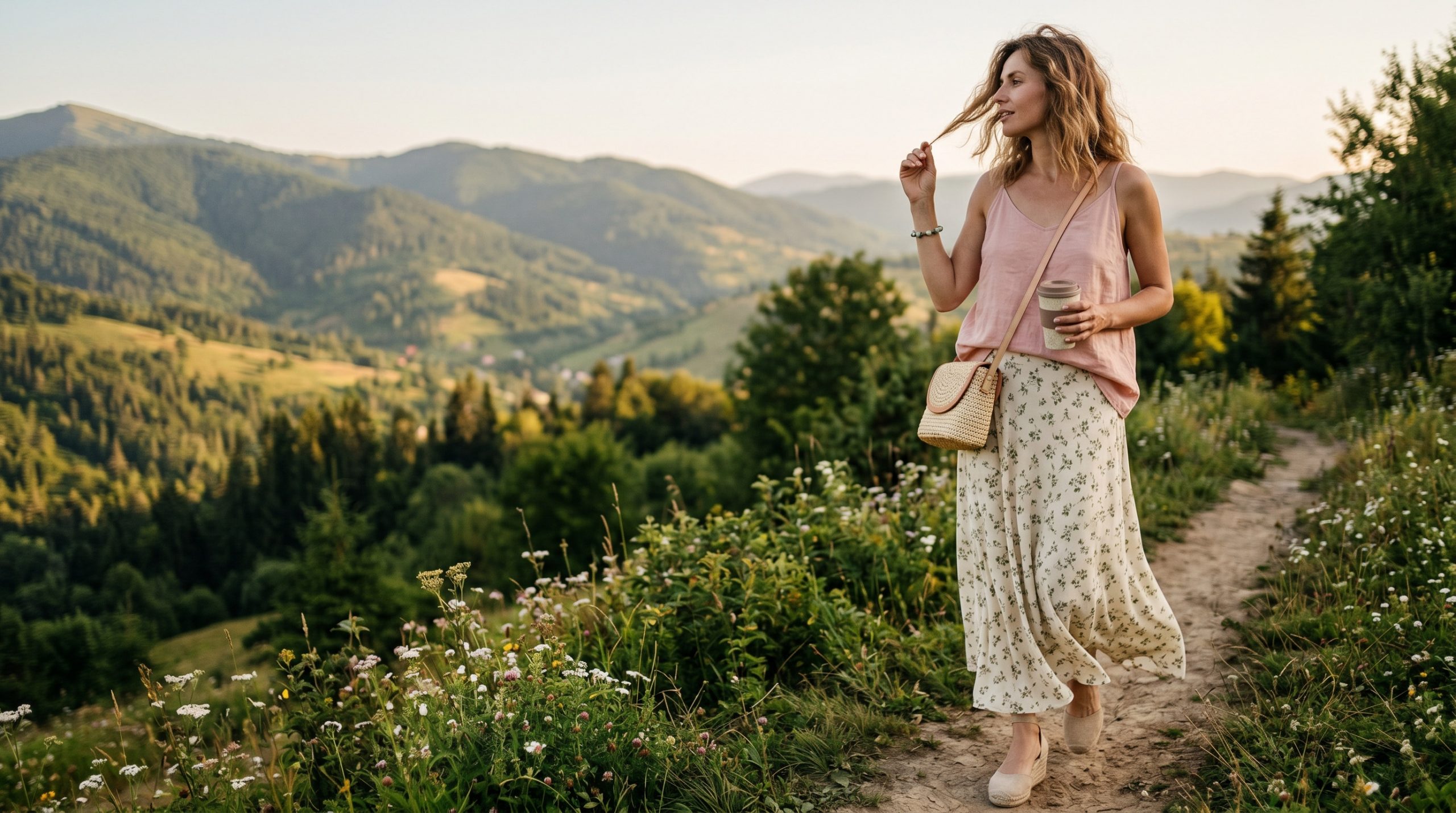Елегантна дівчина в білій майці прогулюється містом, демонструючи модний образ для літа 2026. Ідеальні літні майки жіночі для будь-якої нагоди.
