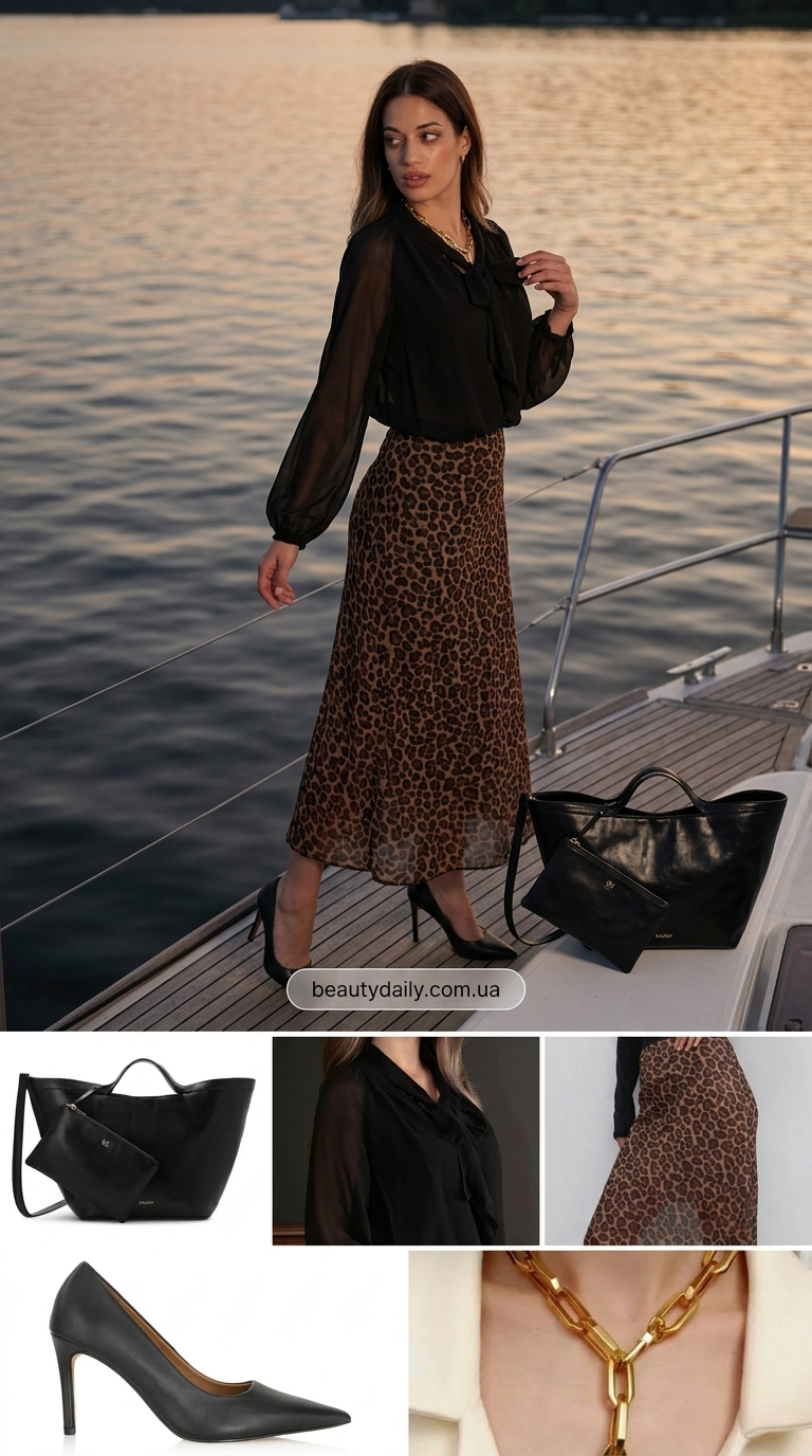 Літні образи з тваринним принтом: спідниця леопард, шифонова блуза, чорні човники та золоте кольє.