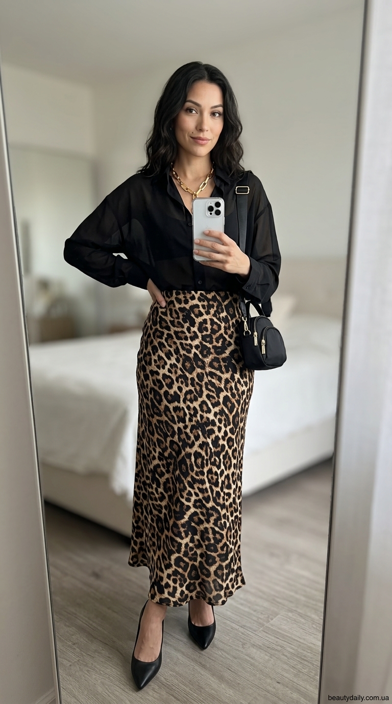 Літні образи з тваринним принтом: спідниця леопард, шифонова блуза, чорні човники та золоте кольє.