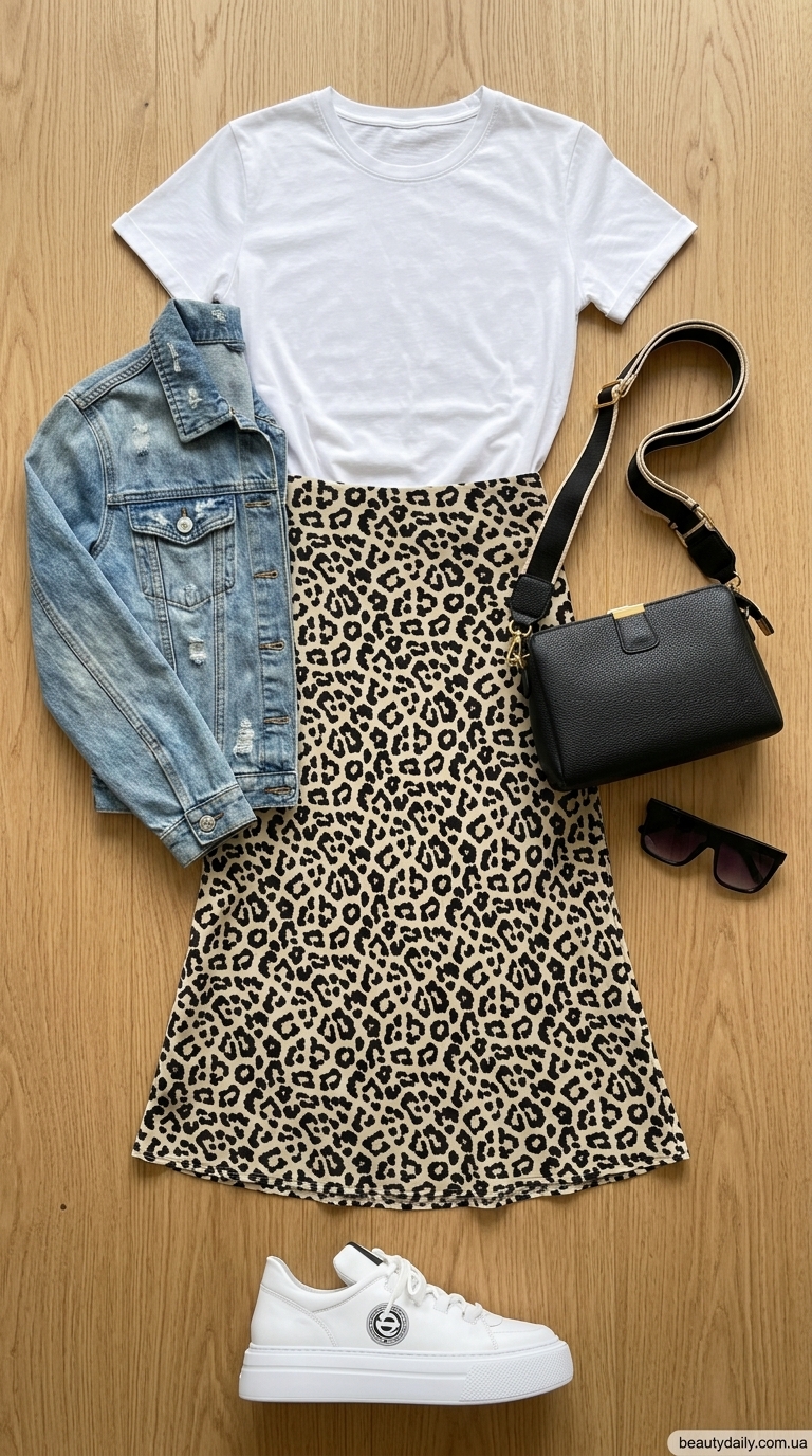 Літні образи з тваринним принтом: спідниця олівець леопард, біла футболка, джинсовий жакет та кеди.