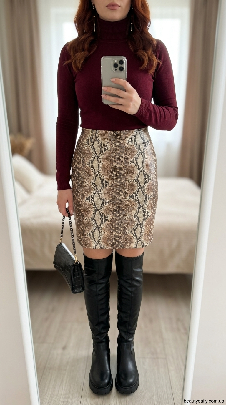 Літні образи з тваринним принтом: спідниця зміїний принт, бордовий топ, чорні чоботи та міні-сумка.