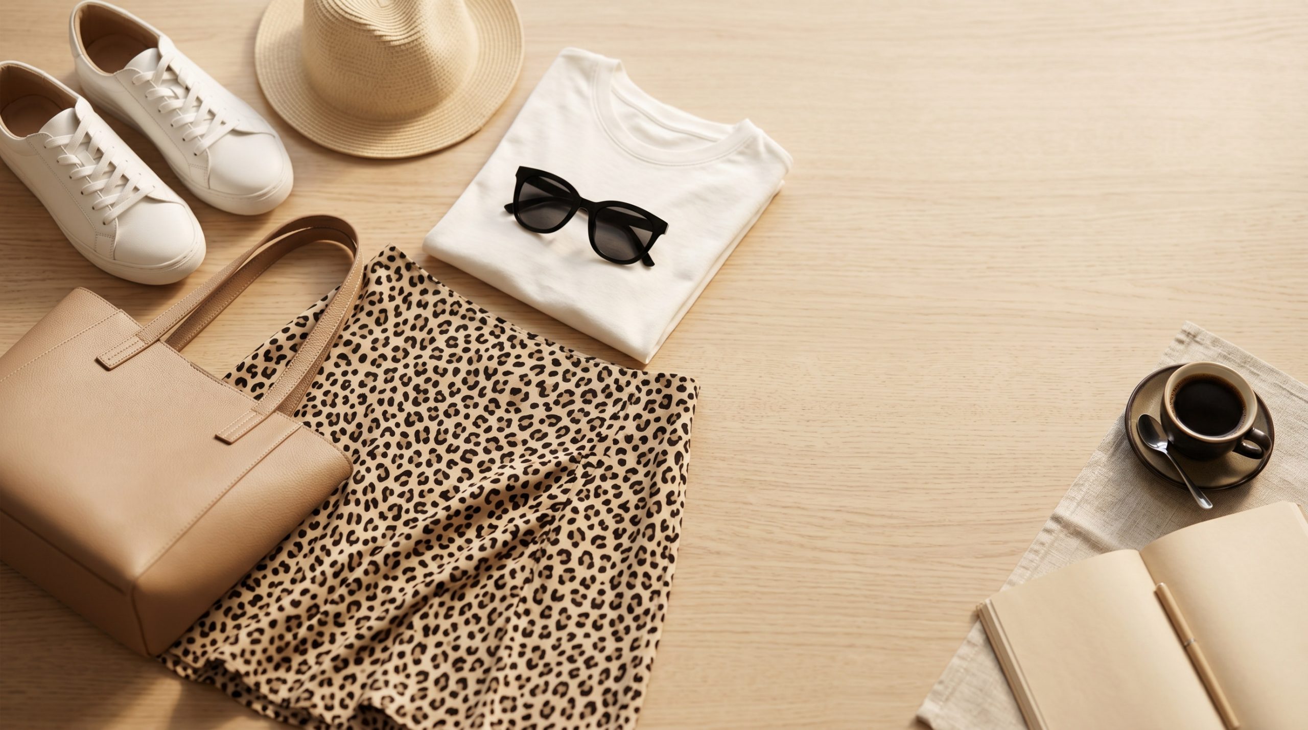 Колаж з аксесуарів у літньому образі з тваринним принтом, демонструючи витончені деталі стилю для 2026 року.