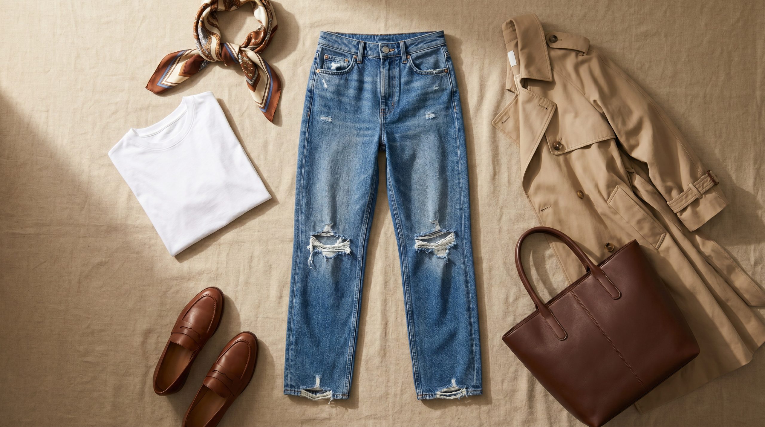 Колаж із кількох пар високоякісних літніх рваних джинсів 2026, розташованих на світлому фоні для стильної демонстрації.