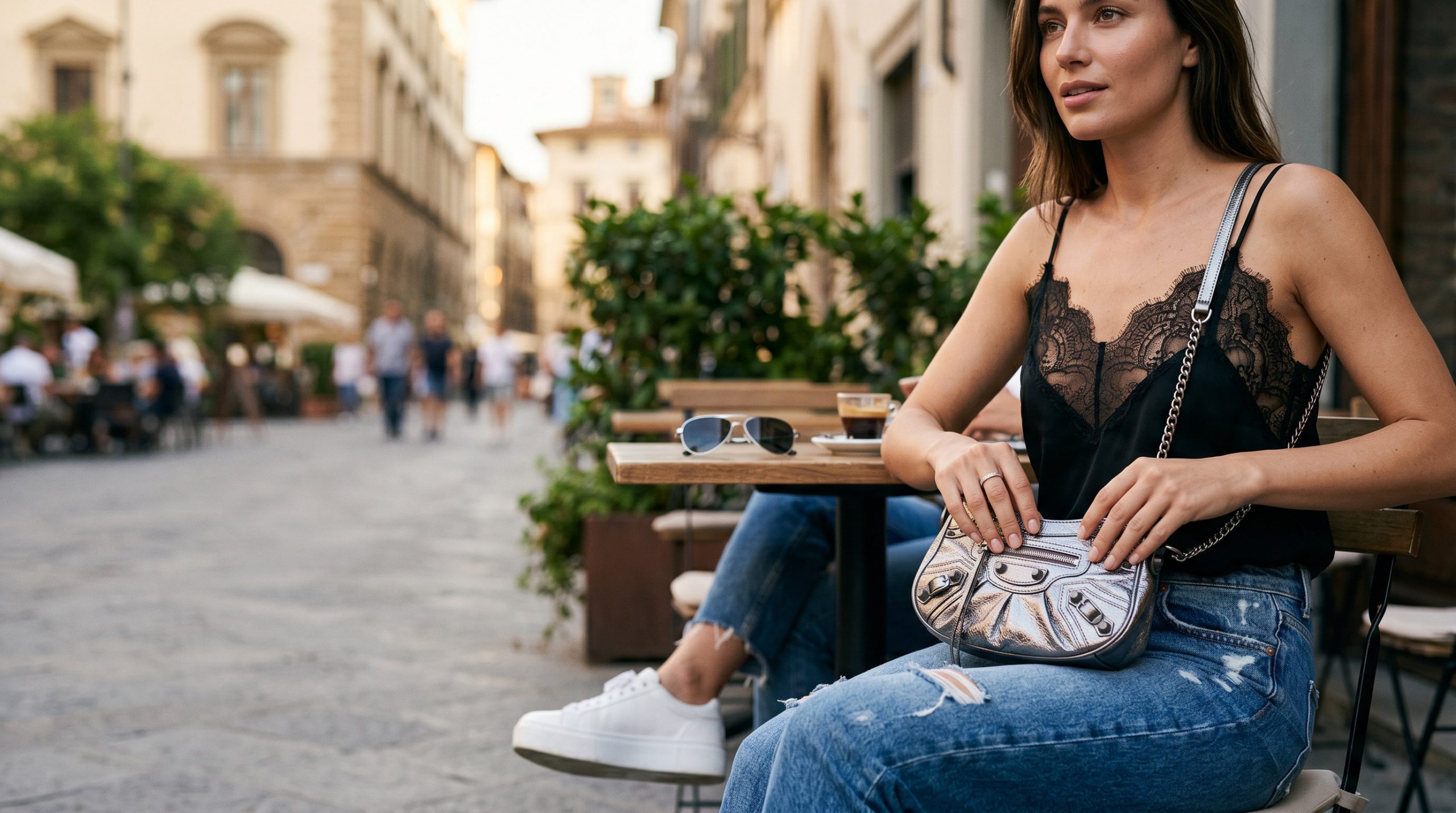 Докладний знімок елегантної майки з мереживом, підкреслюючи витонченість матеріалу та оздоблення у вечірньому світлі.