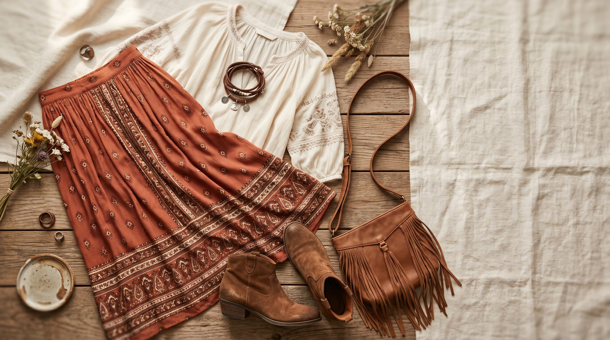 Колаж-флетлей зі спідницею міді та аксесуарами для створення різноманітних образів 2026 року