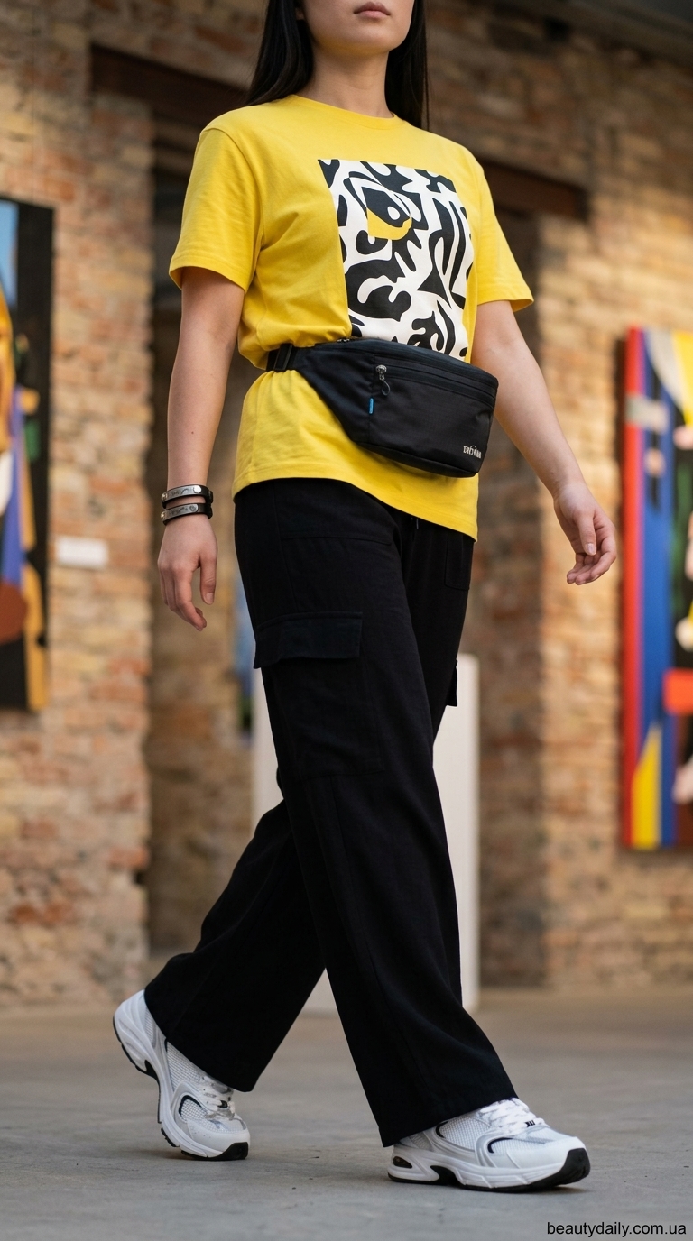 Мікротренд літа 2026: Футболка з яскравим принтом, широкі карго штани, масивні кросівки для арт-вечірки.