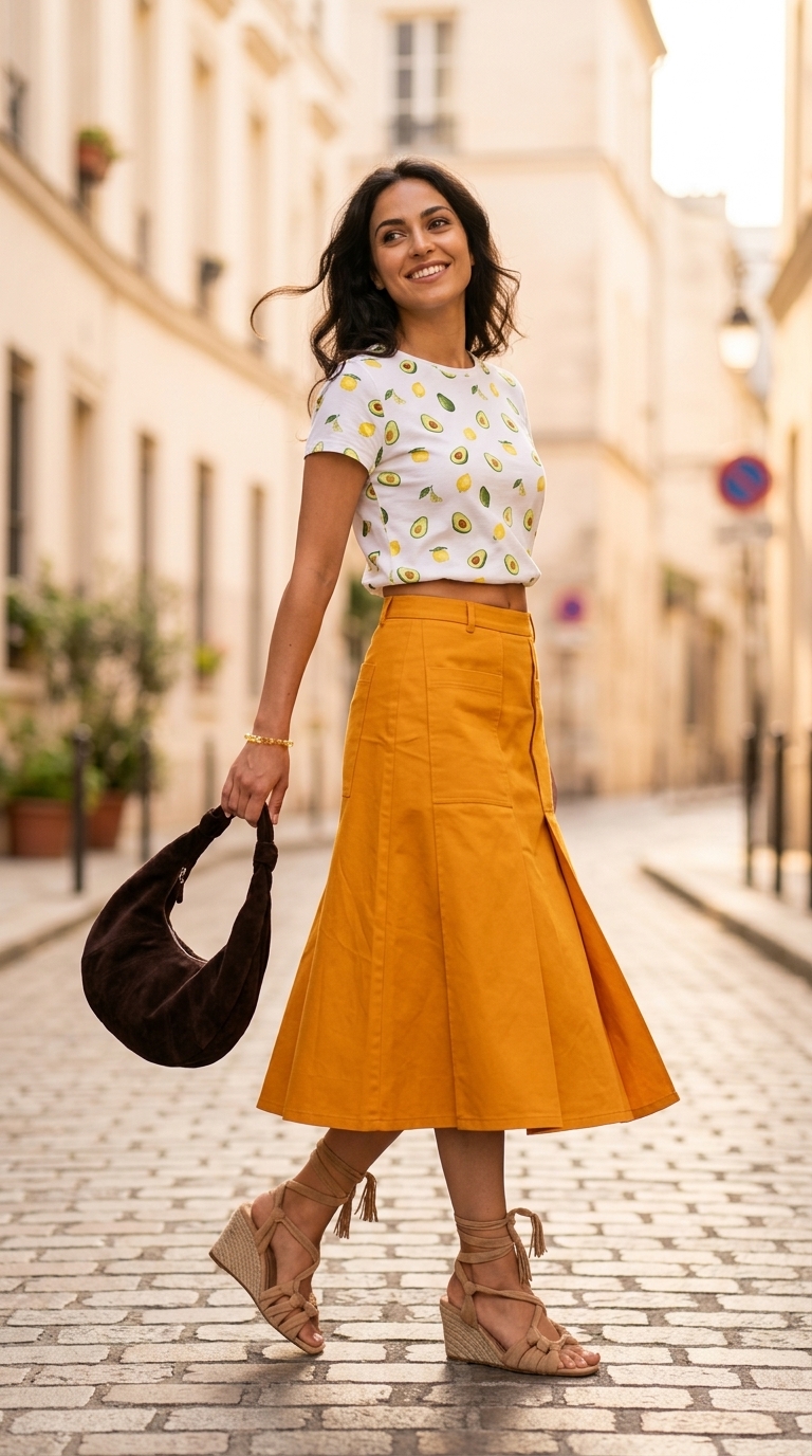 Мікротренд літа 2026: Футболка з принтом фруктів, спідниця-плісе, босоніжки для бранчу.