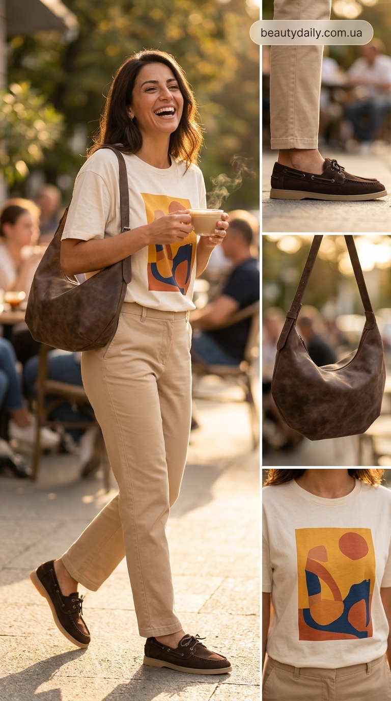 Мікротренд літа 2026: Футболка з яскравим принтом, бежеві чіноси, в'язаний кардиган для ранкової кави.