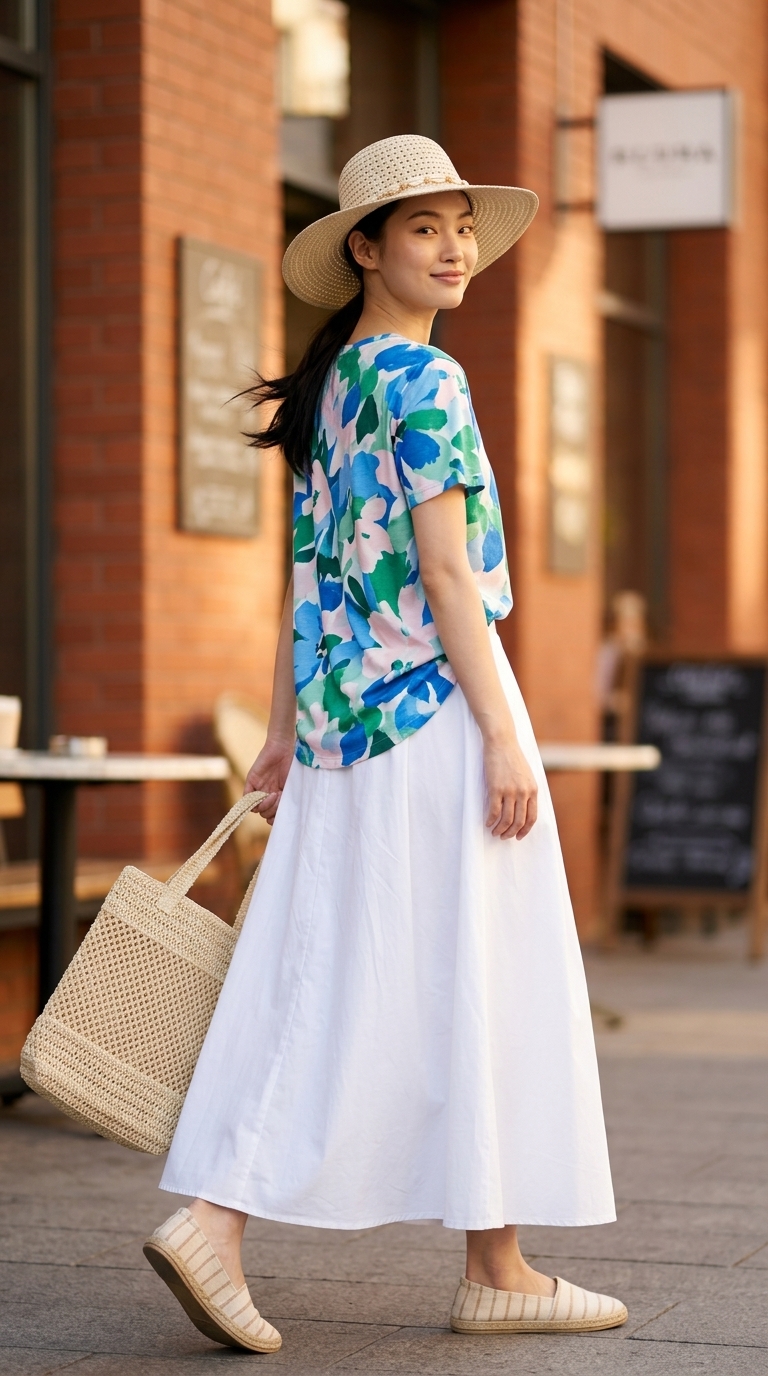 Мікротренд літа 2026: Футболка з принтом квітів, біла спідниця-сонце, еспадрильї для Подолу.