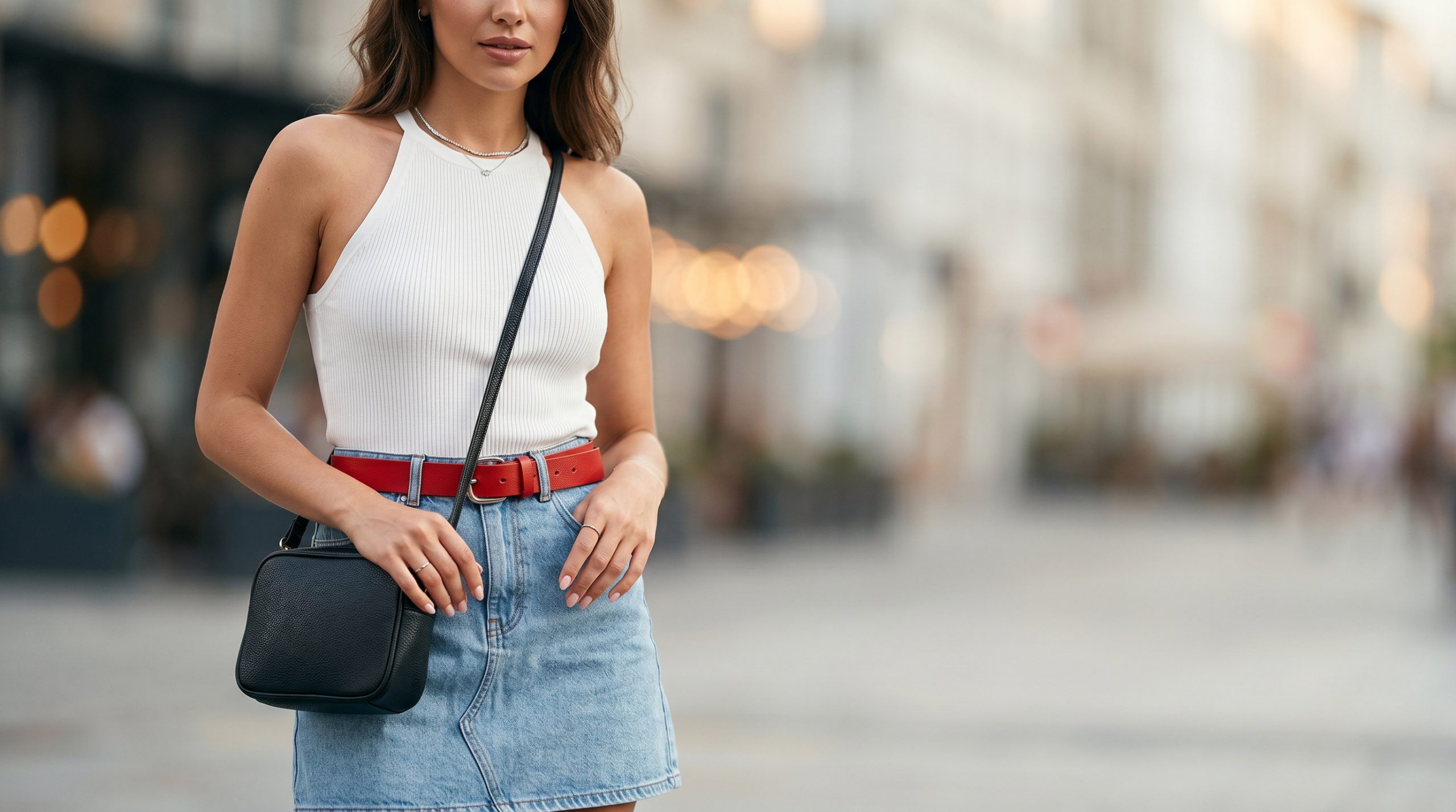 Елегантний топ халтер: модель з бездоганним смаком демонструє модний look 2026 року в деталях.