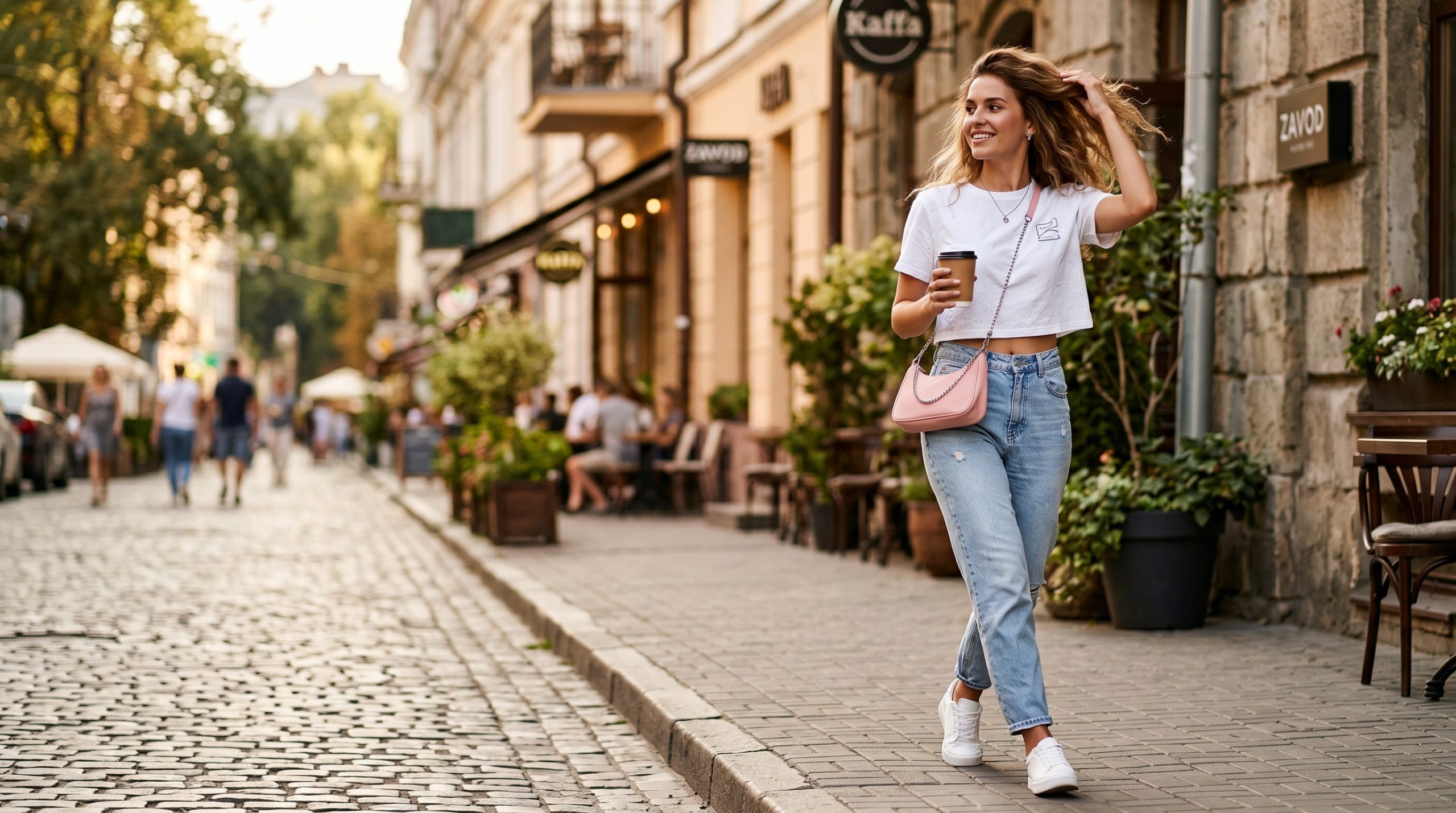 Елегантна модель демонструє літній образ 2026, головним елементом якого є стильний білий кроп-топ.