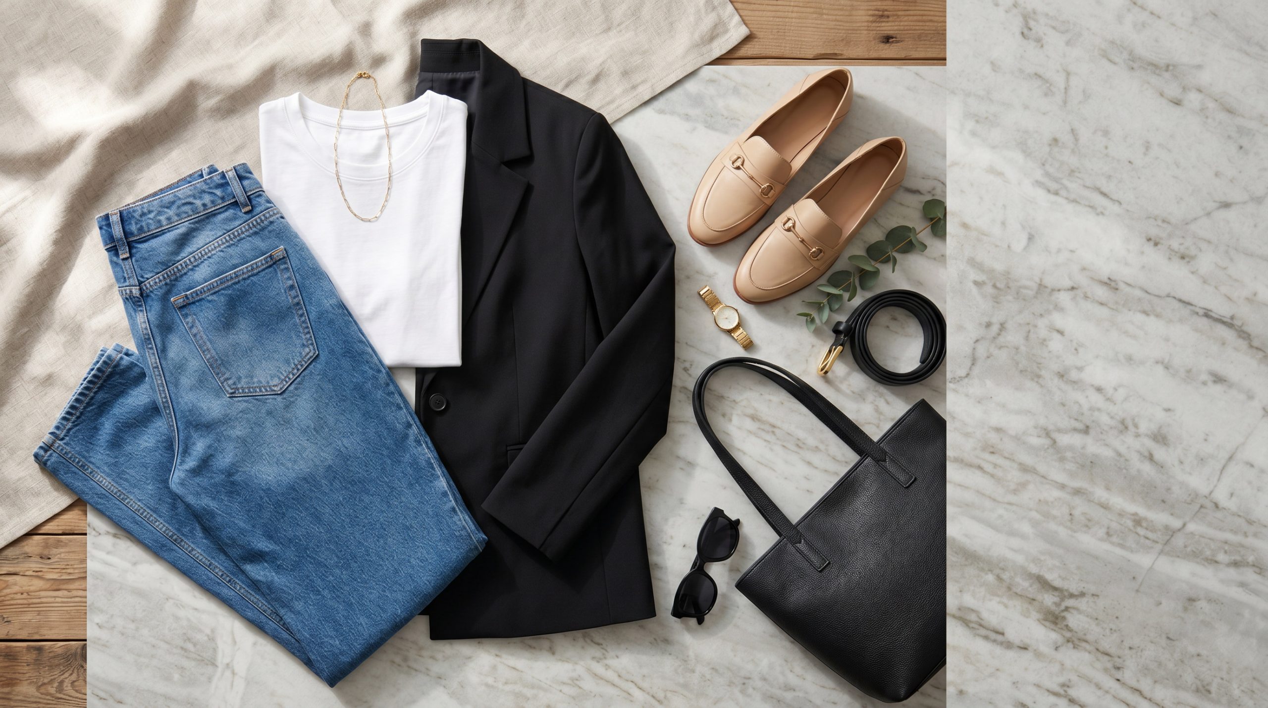 Колаж-флетлей демонструє різноманітні стилізації з модними джинсами-бочками, з чим їх носити у 2026 році.