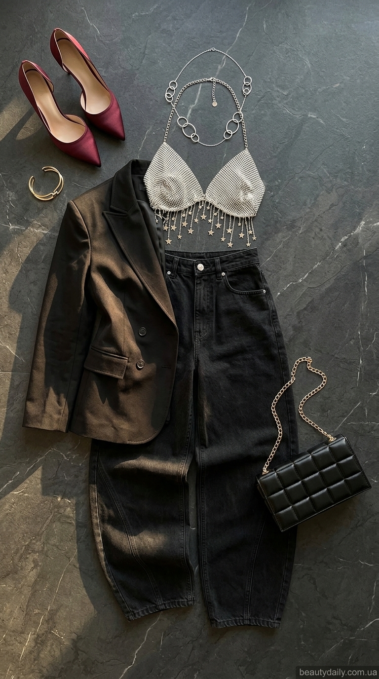 Модні джинси-бочки: елегантність на вечір з чорними джинсами, атласним топом та сріблястими аксесуарами.
