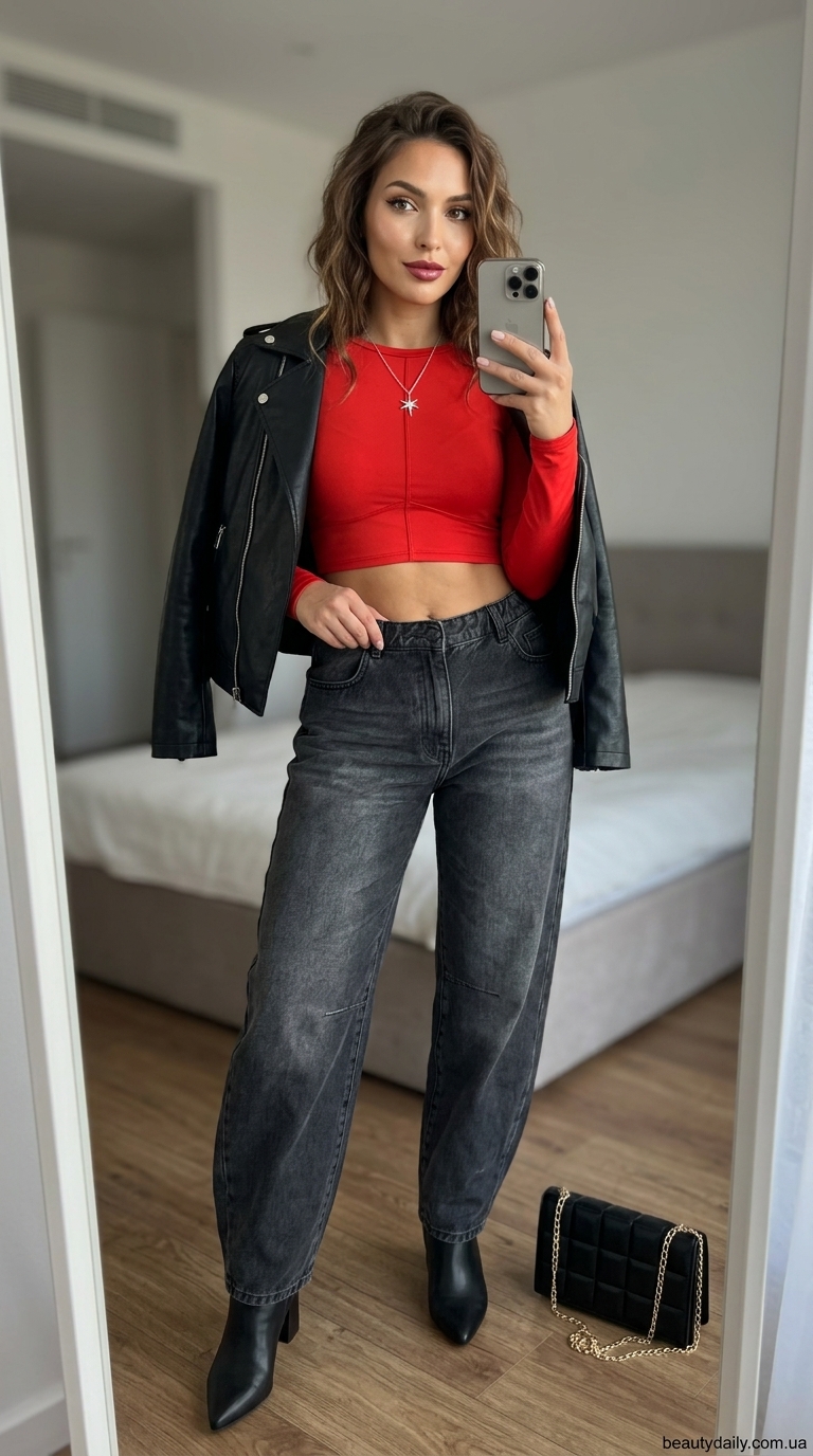 Модні джинси-бочки: енергія міста з сірими джинсами, червоним кроп-топом та шкіряною курткою-косухою.