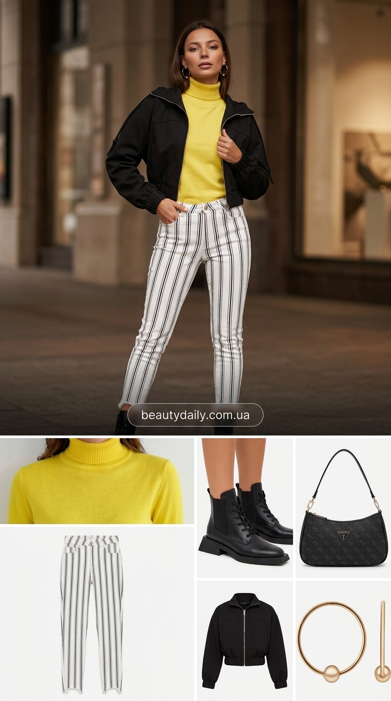 Модні джинси-бочки: гра контрастів з джинсами в смужку, яскраво-жовтим топом та чорним бомбером.