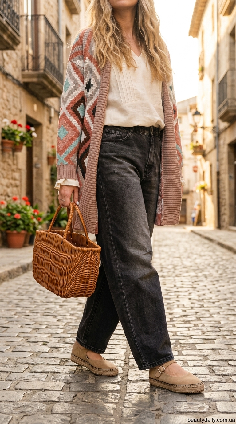 Модні джинси-бочки: креативність та комфорт з вільними джинсами, вишитою блузою та кардиганом з бахромою.