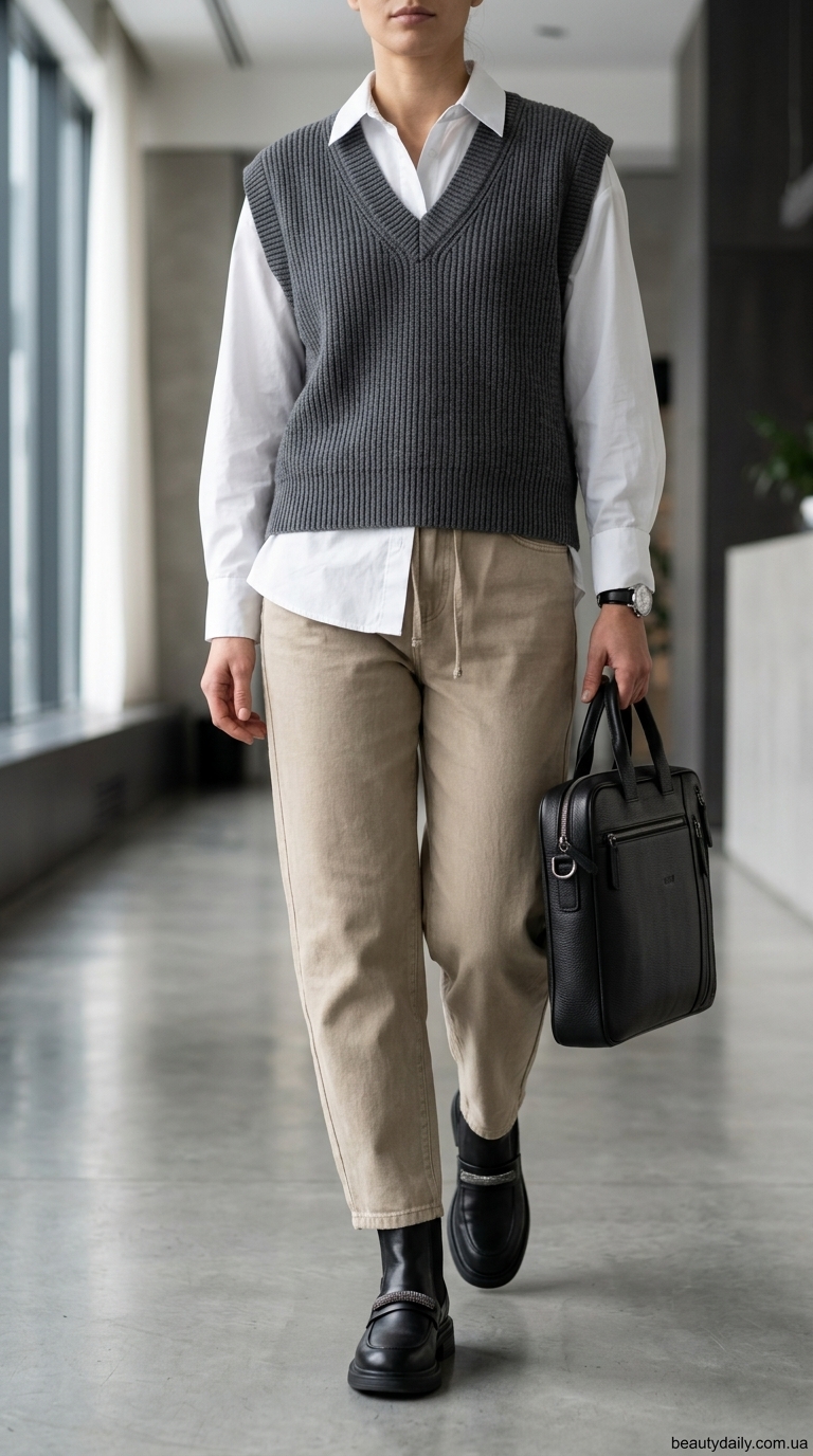 Модні джинси-бочки: мінімалізм для офісу з бежевими джинсами, білою сорочкою та сірим в'язаним жилетом.