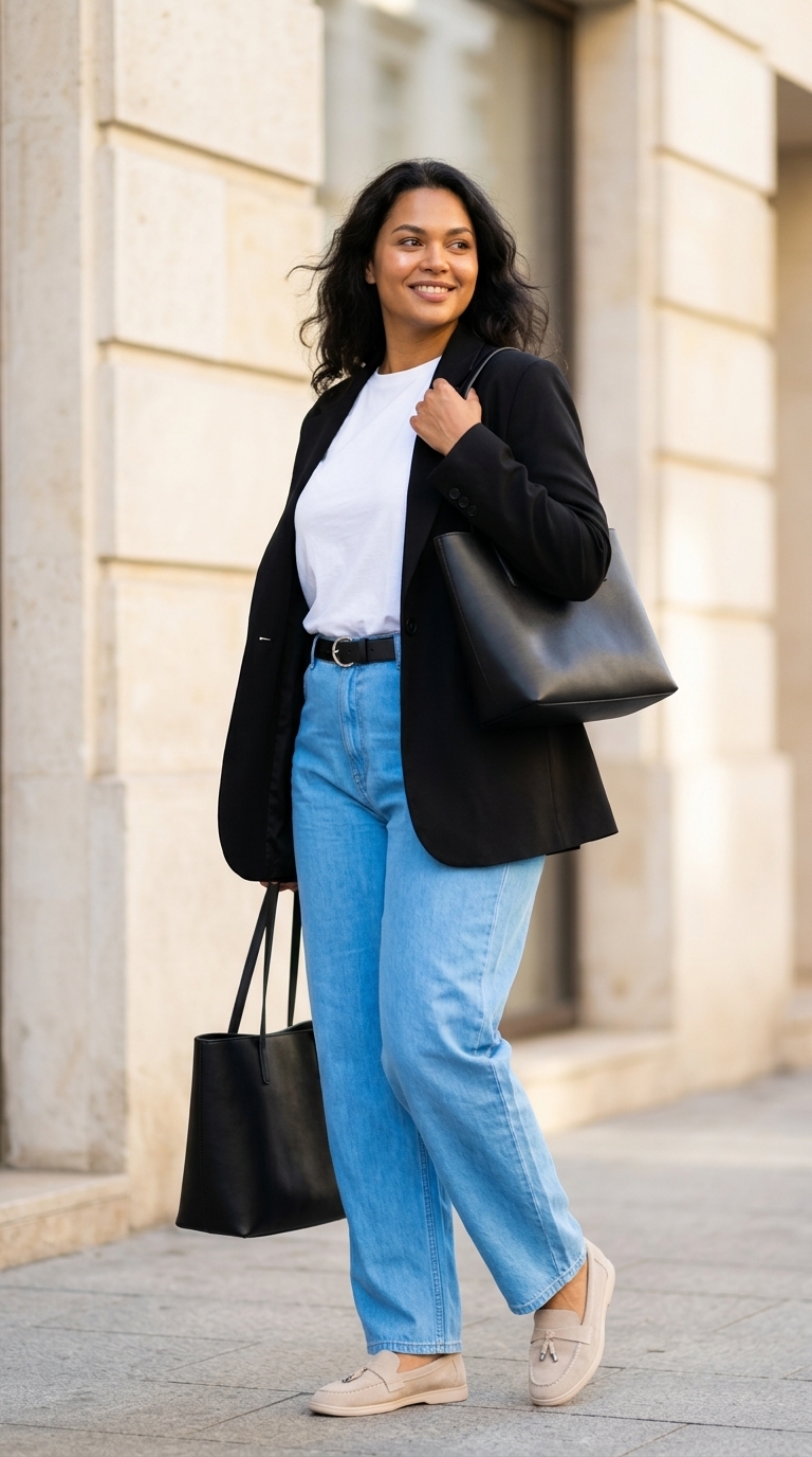 Модні джинси-бочки: міський шик з білим топом, бежевими лоферами та чорним блейзером.