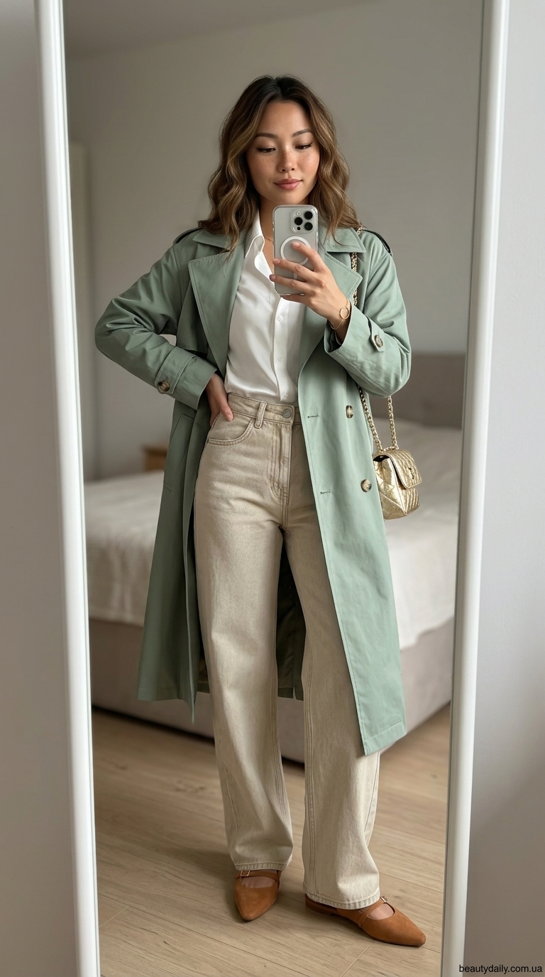 Модні джинси-бочки: ніжний образ з молочною шовковою блузою, світло-зеленим тренчем та золотими аксесуарами.