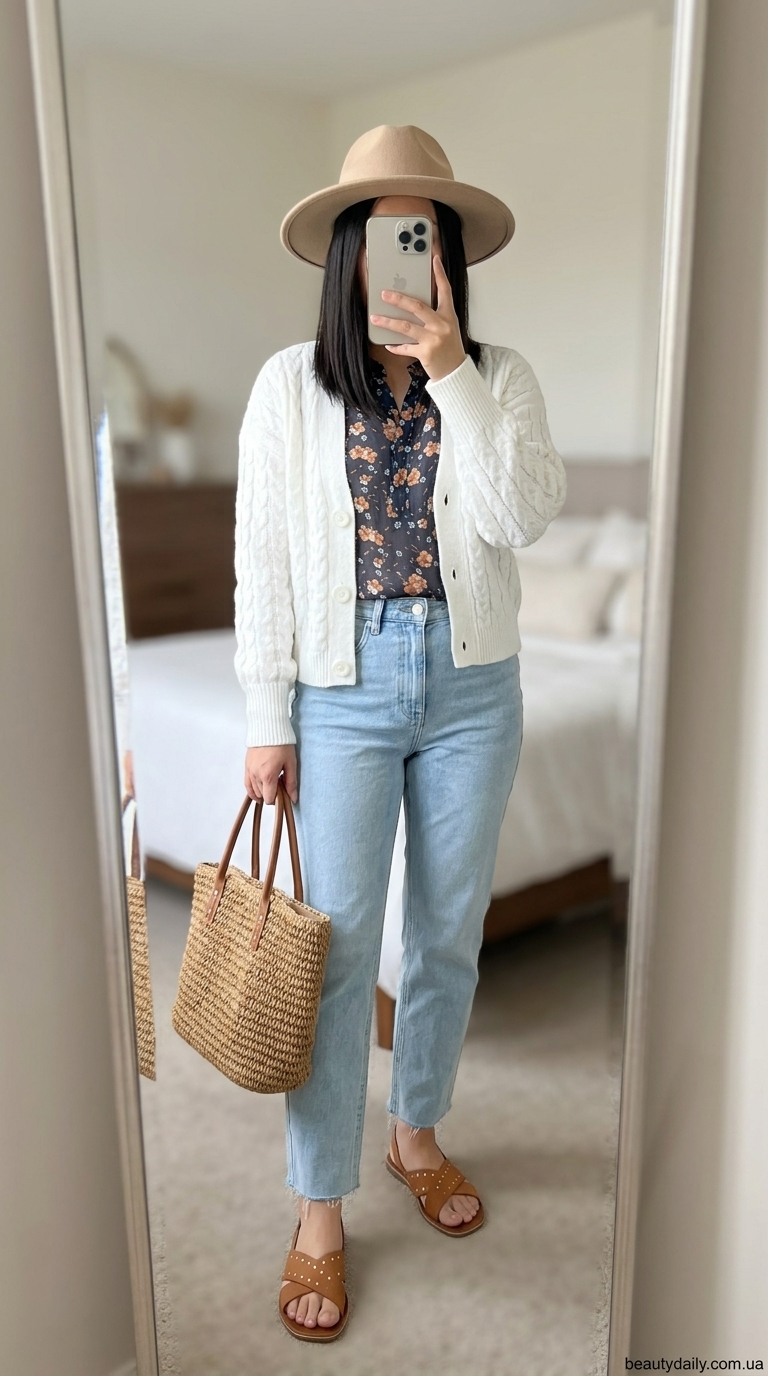 Модні джинси-бочки: романтика передмістя з блакитними джинсами, квітковою блузою та плетеною сумкою.