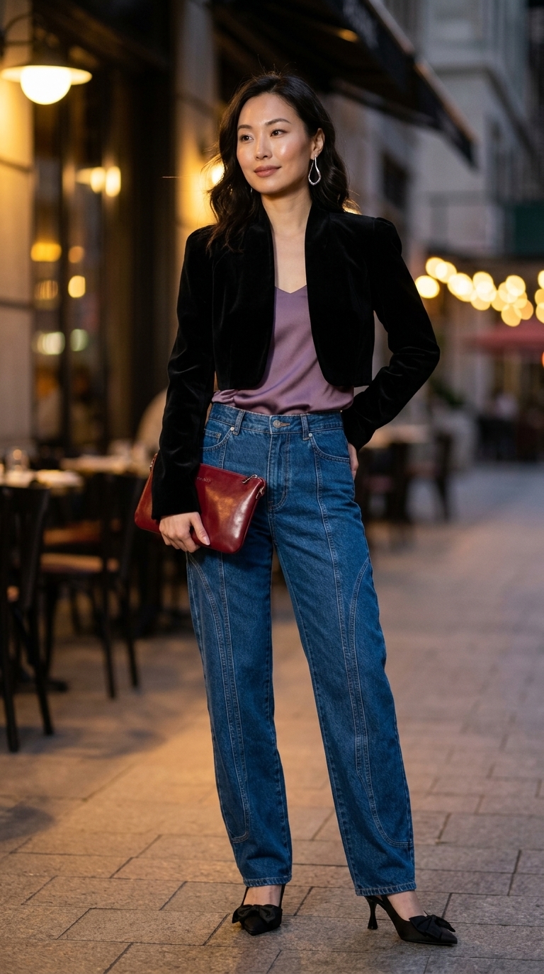 Модні джинси-бочки: вечірня елегантність з темно-синіми джинсами, шовковим топом та оксамитовим жакетом.