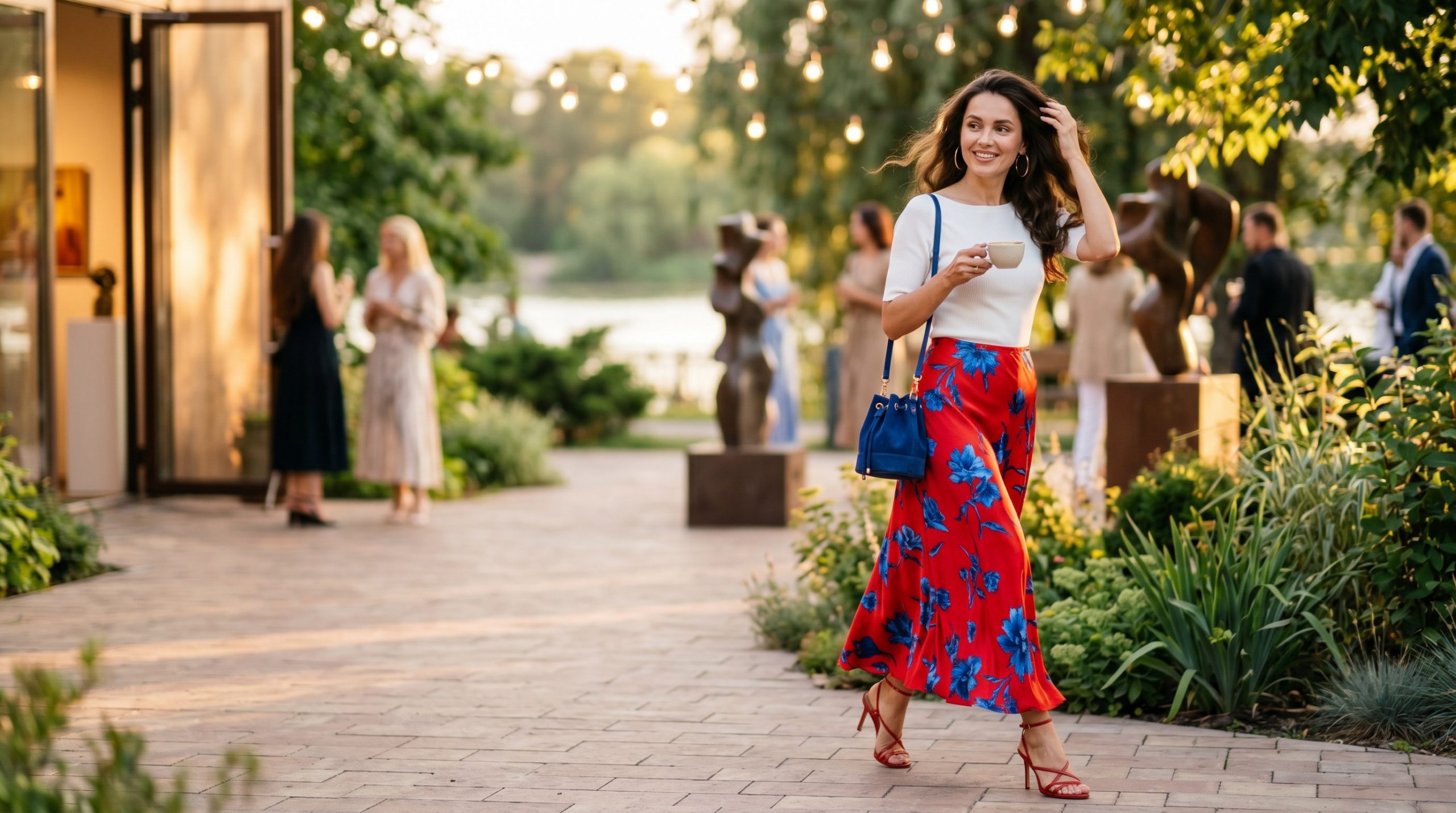 Елегантна жінка в шовковій міді-спідниці з квітковим принтом, демонструючи модні літні спідниці 2026.