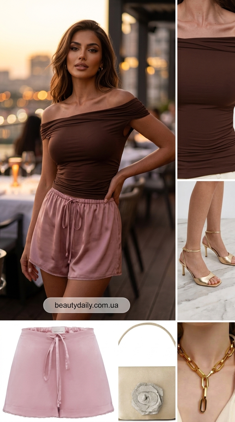 Модні шорти 2026: Атласні шампань шорти з золотим кроп-топом для вечірнього виходу.