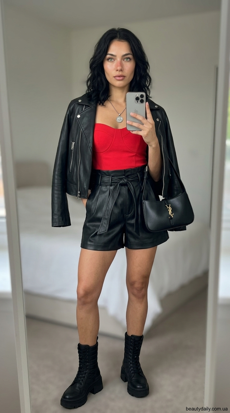 Модні шорти 2026: Чорні еко-шкіряні шорти для нічного клубу.