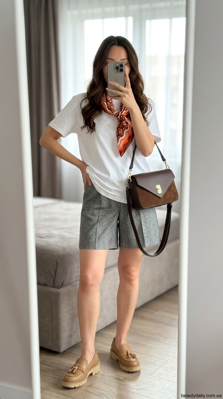 Модні шорти 2026: Сірі шорти-бермуди для ранкової кави.